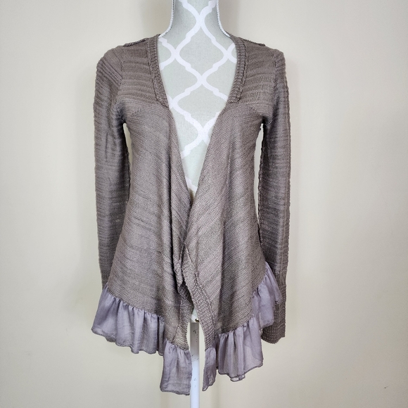 Waffle Knit Open Front Cardigan Ruffled Hem Neutral Size Small - Picture 2 of 10